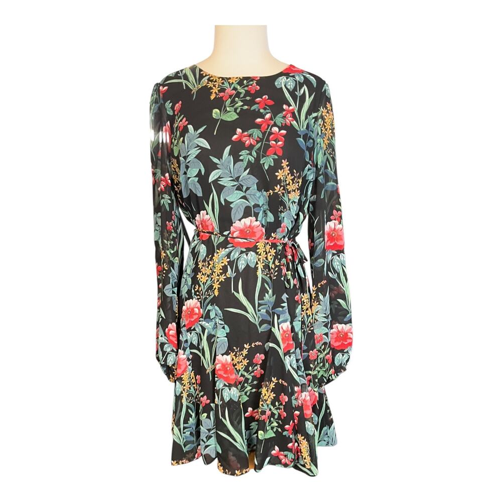 Black Floral Long-Sleeve Midi Dress with Red Blooms